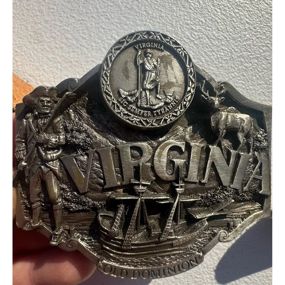 Vtg 1987 Belt Buckle - Virginia Old Dominion - Enameled Top Grain Tooled 38 Belt